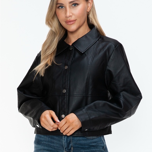 Snobbish Snap Down Long Sleeve PU Leather Jacket - Picture 5 of 12